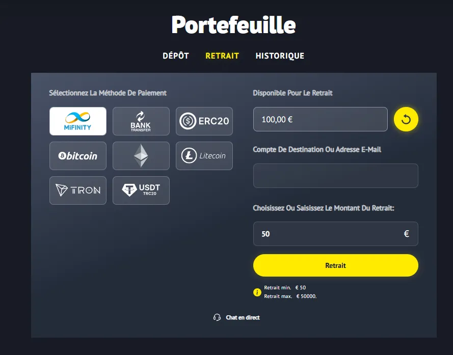 Options de retrait des gains